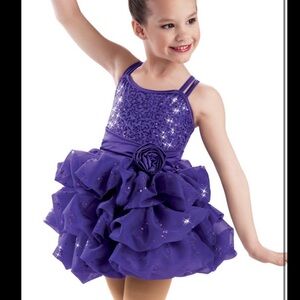Weissman Dance Costume Baby Face three tier skirt Purple, sequins, sparkly Sz LC